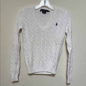 Ralph Lauren Women’s White Cable Knit V-Neck Sweater with Navy Pony